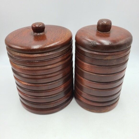 Vintage 50s 60s Wood Canisters Set Brown Cylindrical with Covers Lot of 2 - Picture 1 of 7
